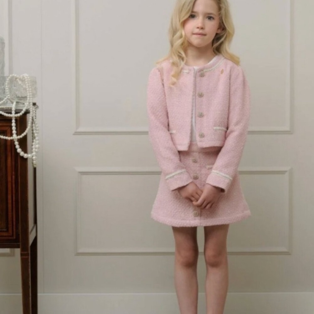 Le Chic (5T) Pink Tweed Two-Piece Set - Cropped Jacket & Mini Skirt